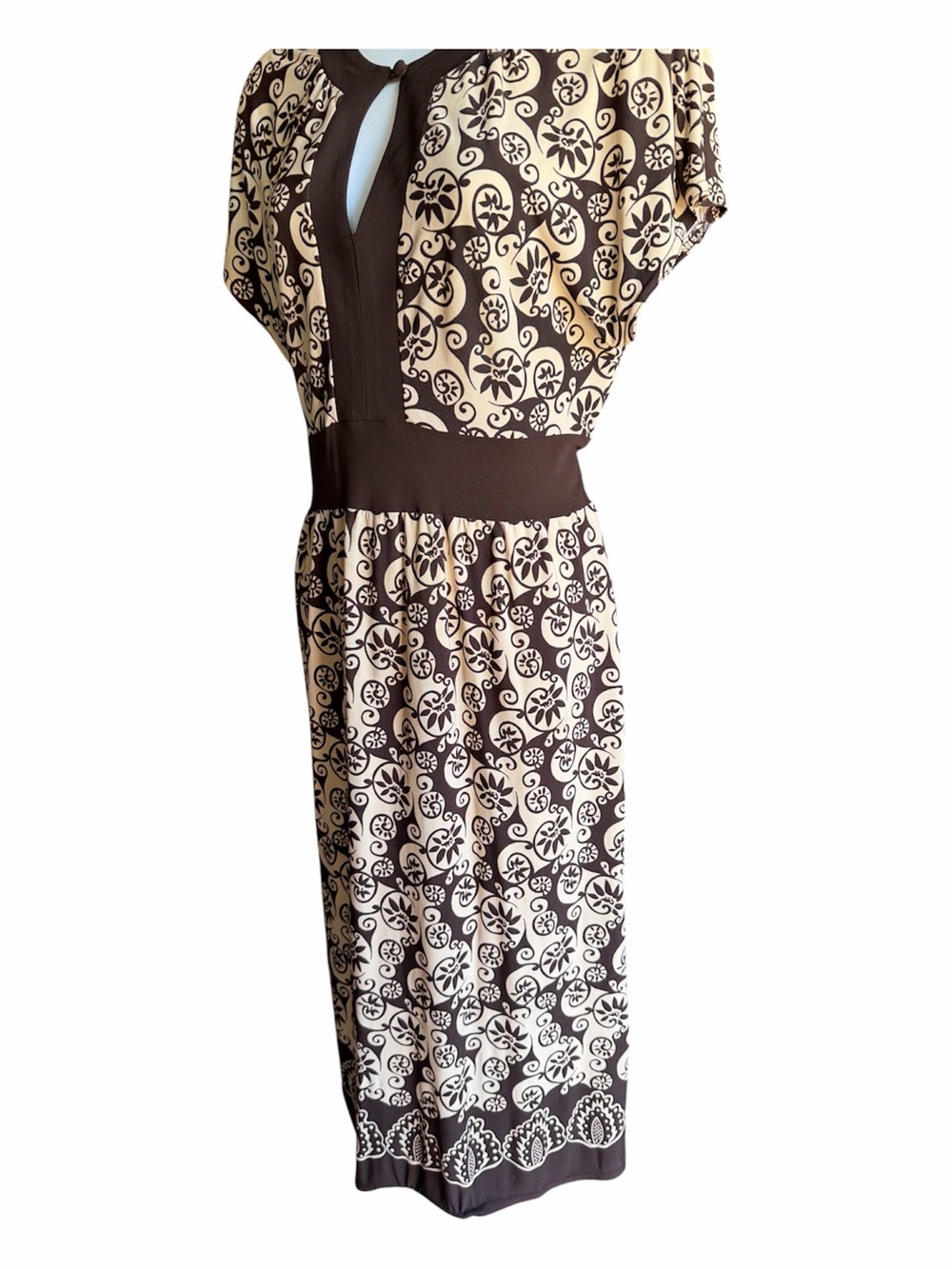 Vintage Eliza J Brown Cream Floral-Print Key Hole Neck Midi Dress from Nordstrom